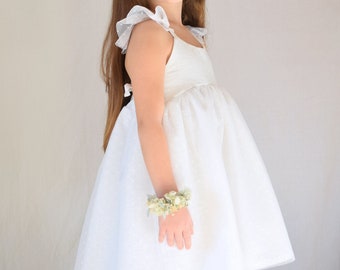 White linen flower girl dress with tulle, 1st birthday dress