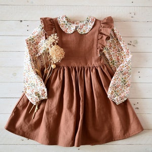 Rust linen dress girl, Flower dress girl, Linen ruffle pinafore dress girl image 4