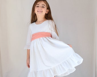 Flower girl dress, White linen dress, Spring clothing