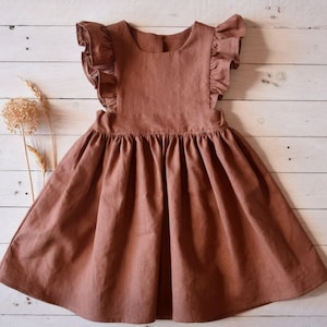 Rust linen dress girl, Flower dress girl, Linen ruffle pinafore dress girl image 1