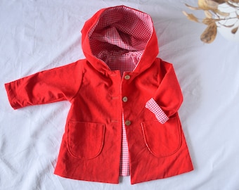 Kids red hooded corduroy jacket, Pixie coat