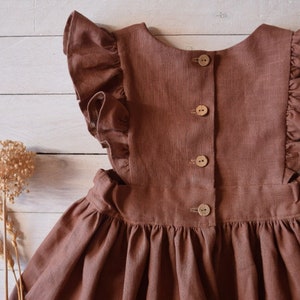 Rust linen dress girl, Flower dress girl, Linen ruffle pinafore dress girl image 6