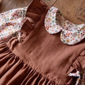Rust linen dress girl, Flower dress girl, Linen ruffle pinafore dress girl image 7