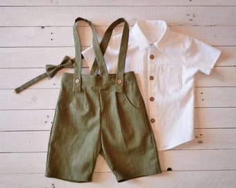 Baby boy pants, Linen pants with suspenders