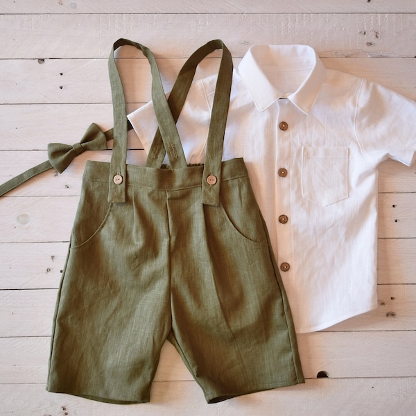 Baby boy pants, Linen pants with suspenders