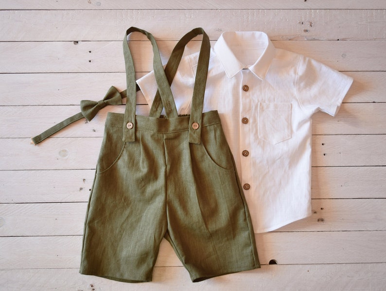 Baby boy pants, Linen pants with suspenders image 1