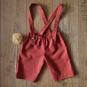 Boy linen shorts, Linen suspender pants image 2