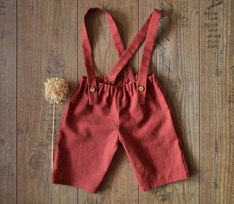 Boy linen shorts, Linen suspender pants image 2