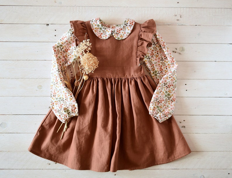 Rust linen dress girl, Flower dress girl, Linen ruffle pinafore dress girl image 4