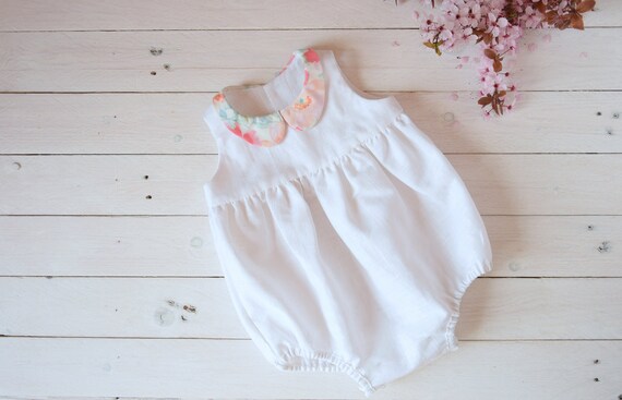 white linen baby romper