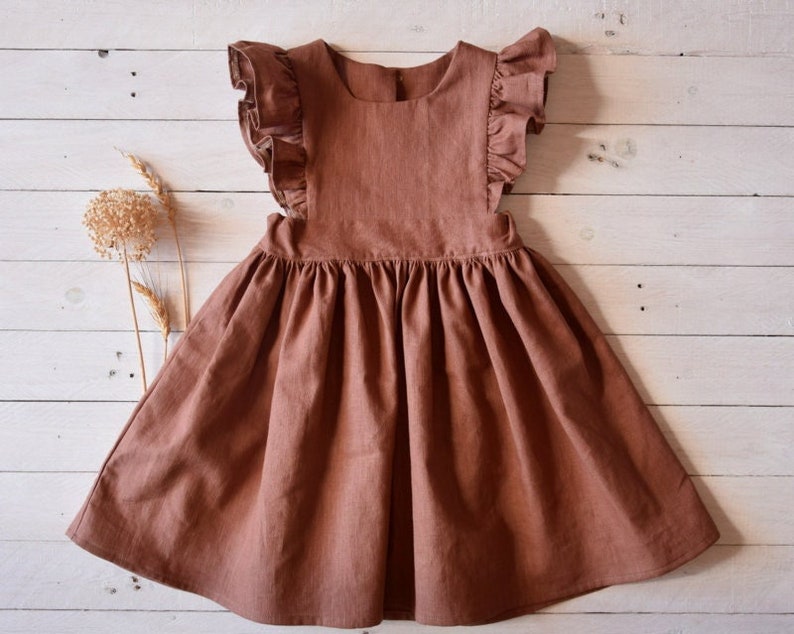 Rust linen dress girl, Flower dress girl, Linen ruffle pinafore dress girl image 1