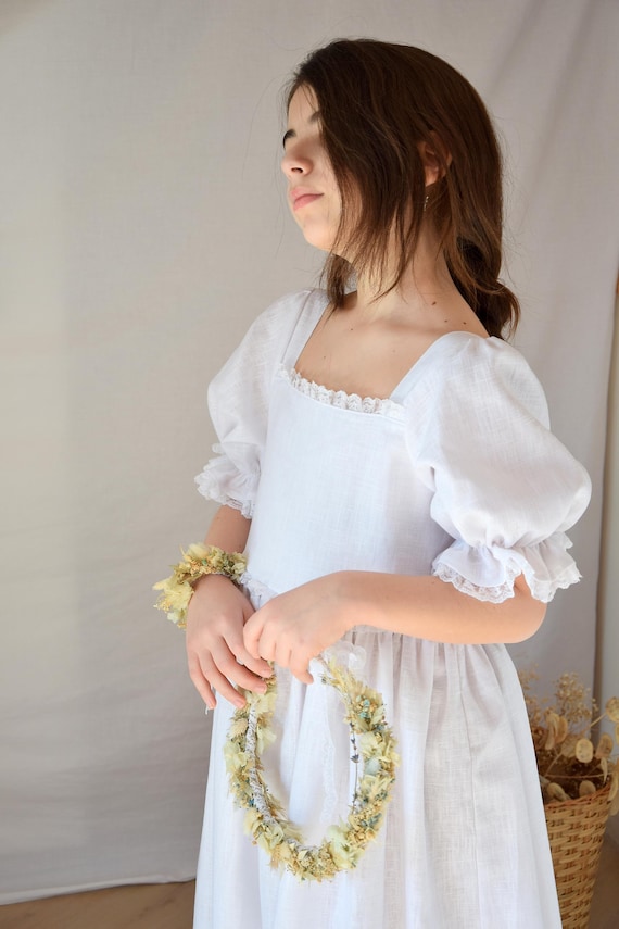 knee length dresses for ladies Sleeveless Satin A-line Flower Girl Communion Dress – Faith and Begorra main image 1