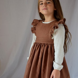 Rust linen dress girl, Flower dress girl, Linen ruffle pinafore dress girl image 2