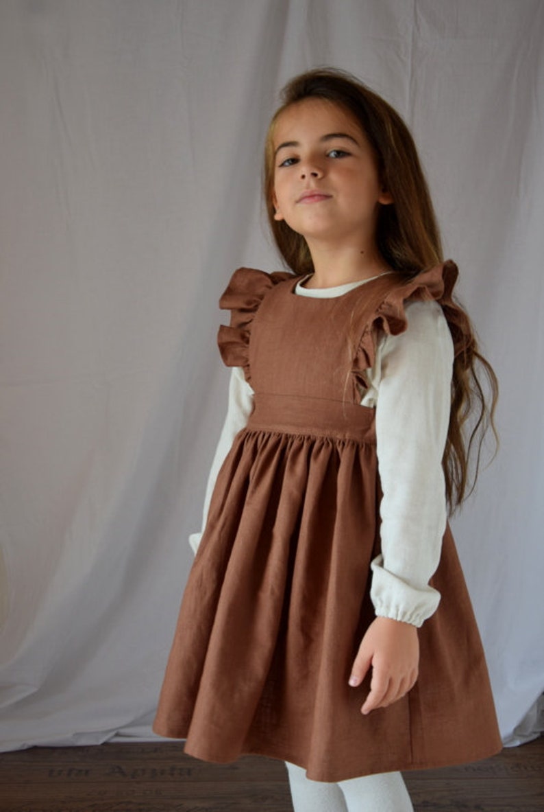 Rust linen dress girl, Flower dress girl, Linen ruffle pinafore dress girl image 2