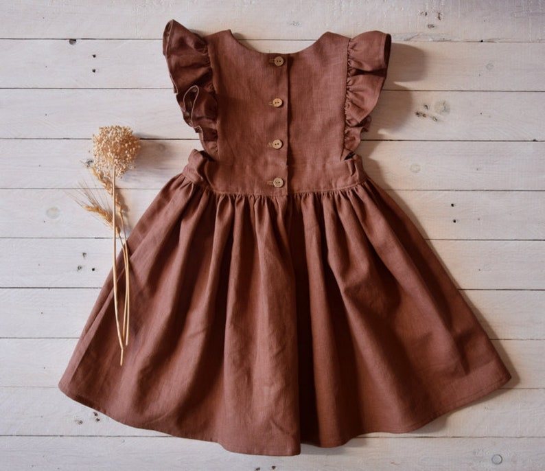 Rust linen dress girl, Flower dress girl, Linen ruffle pinafore dress girl image 5