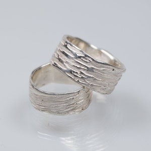 Sterling silver unique wedding rings, organic form wedding bands sets, wide male wedding rings, rain inspired rings, matching couple rings image 2