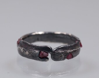 Ruby ring cast in beach sand with 3 rough rubies, ruby ring for men, black silver ring, ruby ring, sandcast ring, oxidized silver ring