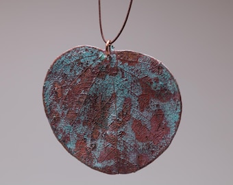 Real leaf necklace copper, eucalyptus leaf pendant with a blue patina, boho pendant for her