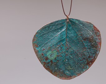 Real leaf necklace copper, eucalyptus leaf pendant with a blue patina, boho pendant for her, real leaf electroformed with copper