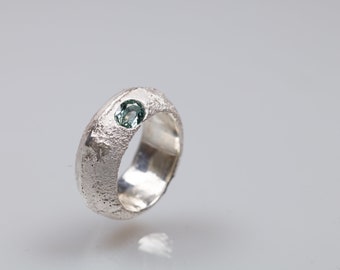 Chunky sapphire ring in sterling silver, sandcast ring with light blue green sapphire ring, molten silver ring