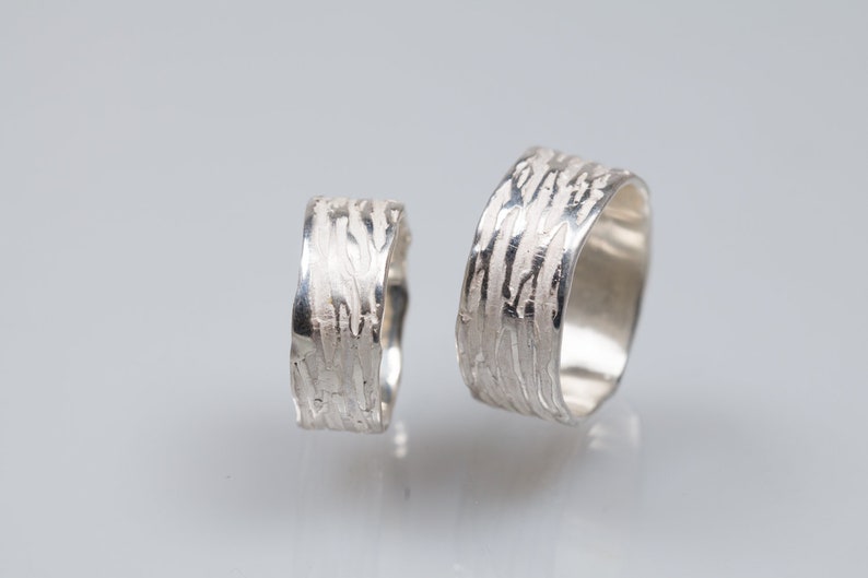 Sterling silver unique wedding rings, organic form wedding bands sets, wide male wedding rings, rain inspired rings, matching couple rings image 6