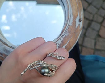 Sterling Silver Branch Ring with Black Pearl,  Cook Islands pearl adjustable ring, statement ring for women