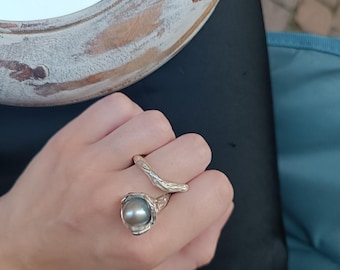 Genuine black pearl ring, Sea pearl ring, Cook Islands  grey pearl sterling silver ring, statement ring for women, big pearl sterling ring