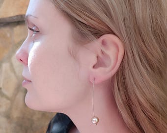 Long pink pearl earrings, contemporary dangling pearl earrings for her