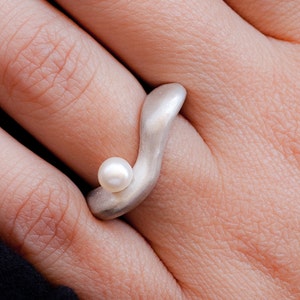 Pearl ring, ocean wave silver ring, june birthstone ring, unusual silver ring with pearl, wave ring, anniversary gift for women, size 6 ring