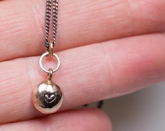Hand-stamped Bronze Heart Pebble Necklace, Oxidized Sterling Silver Chain