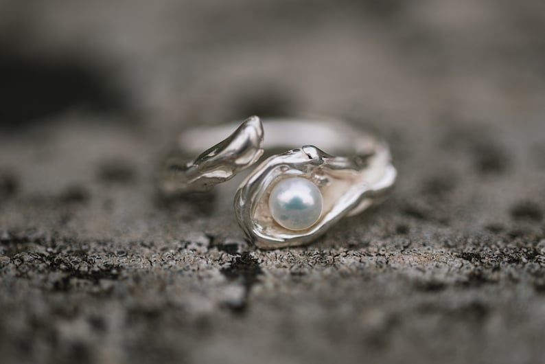 Adjustable silver pearl ring, pearl promise ring, pearl engagement, silver split band ring with pearl, ocean ring, pearl band ring for her image 1