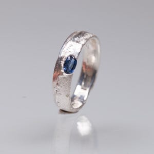 Sapphire ring, sand cast ring bands with natural sapphire, sterling silver ring cast in beach sand