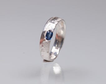 Sapphire ring, sand cast ring bands with natural sapphire, sterling silver ring cast in beach sand