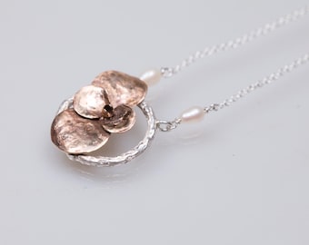 Mixed metal necklace for women, golden flower necklace with tiny pearls, botanical jewelry