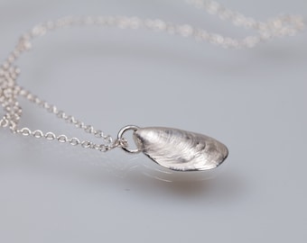 Tiny handmade silver mussel shell pendant necklace, sterling silver seashell necklace chocker, sea lover gift
