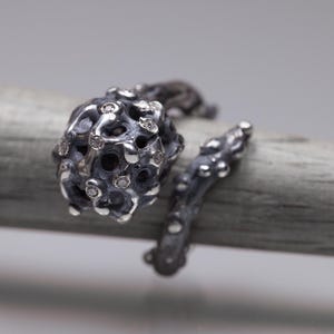 Moissanite statement ring in oxidized sterling silver, Dark ball ring,  black ball ring with holes, silver ring dome for women