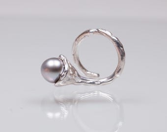 Grey black pearl ring silver, sterling silver ring with Cook Islands' grey pearl, black pearl engagement ring