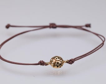 Handcrafted Bronze Ladybug Bracelet, Adjustable Cord