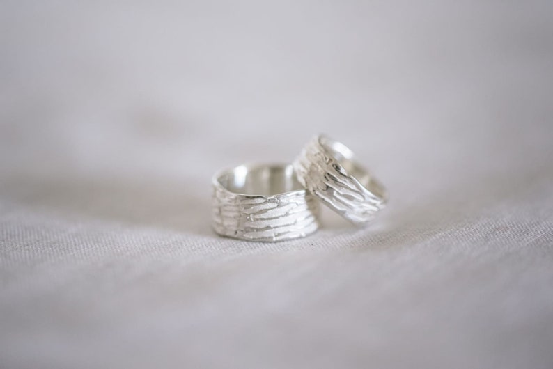 Sterling silver unique wedding rings, organic form wedding bands sets, wide male wedding rings, rain inspired rings, matching couple rings image 10