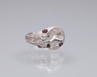 Sterling silver ring cast in beach sand with rough rubies set on it, molten silver ruby ring,  sandcast ring in sterling silver