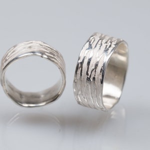 Sterling silver unique wedding rings, organic form wedding bands sets, wide male wedding rings, rain inspired rings, matching couple rings image 9