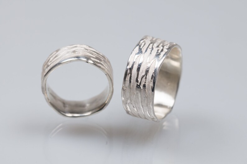 Sterling silver unique wedding rings, organic form wedding bands sets, wide male wedding rings, rain inspired rings, matching couple rings image 9