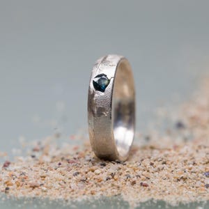 Sapphire Ring, Chunky Sand Cast Ring Bands With Sapphire, Sterling