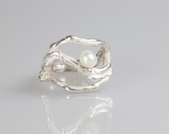 Unique Silver pearl ring , ocean wave inspired, June birthstone