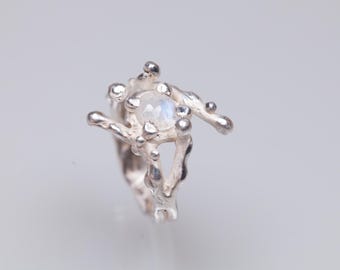 Sterling silver rainbow moonstone ring, Faceted gemstone ring for women,