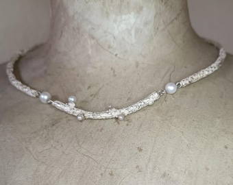 Handcrafted semi rigid sterling silver necklace for women with pearls,  nature inspired, Pearl choker necklace