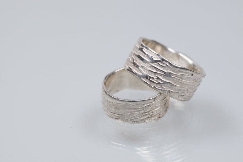 Sterling silver unique wedding rings, organic form wedding bands sets, wide male wedding rings, rain inspired rings, matching couple rings image 2