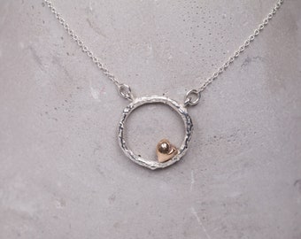 Tiny golden heart in a circle necklace, two tone heart necklace, fine jewelry heart necklace mothers day gift, modern heart choker handmade