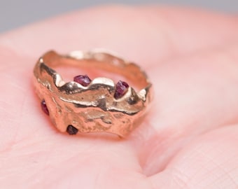 Bronze ring with rough rubies, ruby ring in bronze sandcast ring, US ring size 6 textured sand ring