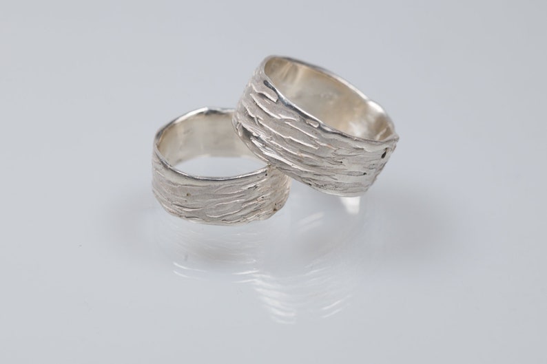 Sterling silver unique wedding rings, organic form wedding bands sets, wide male wedding rings, rain inspired rings, matching couple rings image 7